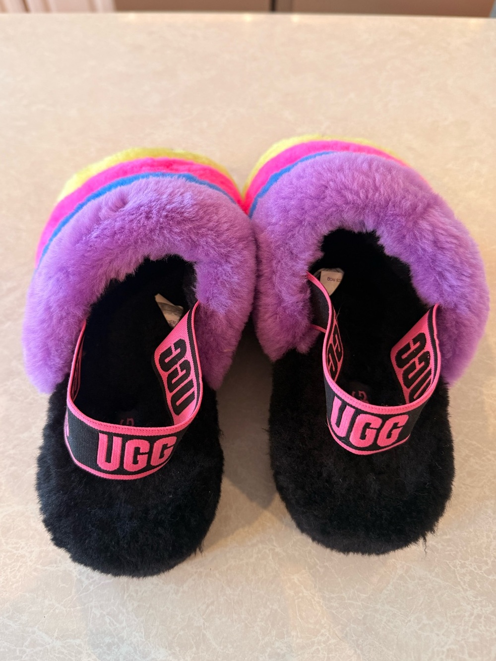 UGG Rainbow Fuzzy Slide Slippers with Purple, Blue, Pink, Yellow & Black - Picture 2 of 4